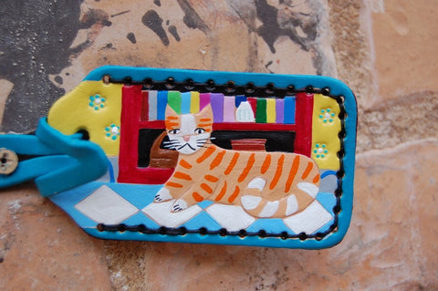 Tabby Cat  with Book Shelves leather Luggage Tag