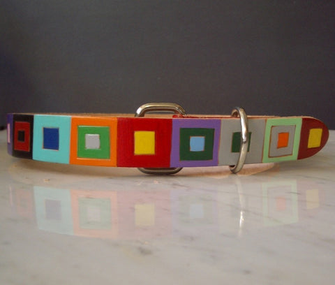 Leather Dog Collar with Colored Squares