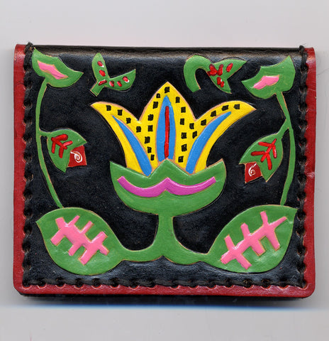 Mola Yellow Flower hand painted leather ID Case