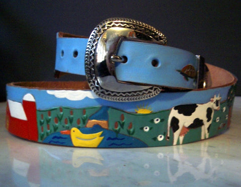 Leather Belt with Farm Scene