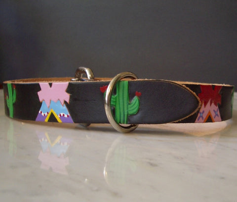 Cactus and Tepees handpainted leather dog collar