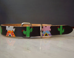 Cactus and Tepees handpainted leather dog collar