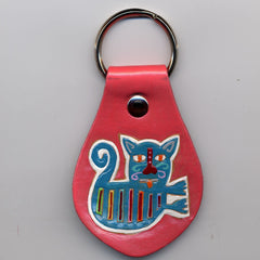 Flying Mola Cat leather handpainted key fob