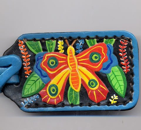 Mola Butterfly hand painted leather luggage tag