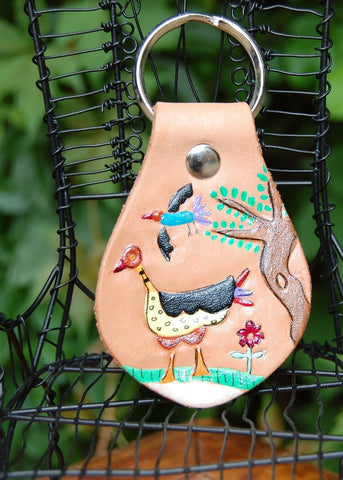 Folk Art Bird handpainted leather Key Fob