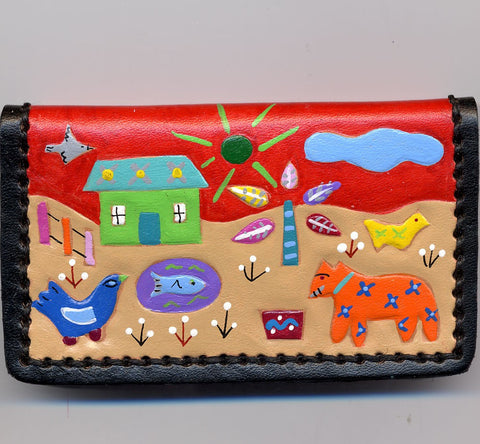 Business Card Case handpainted leather Village Design