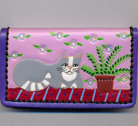 Grey Cat with Fuscia Wallpaper leather Business Card Case