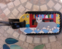 Gray Cat with Bookshelves leather Luggage Tag