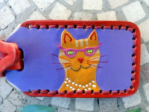 Cool Cat leather Luggage Tag