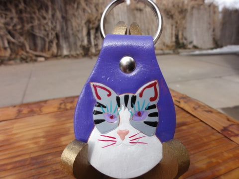 Gray Tabby Cat leather Key Fob