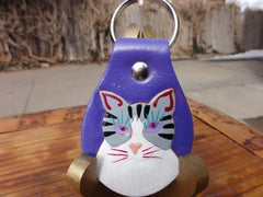 Gray Tabby Cat leather Key Fob