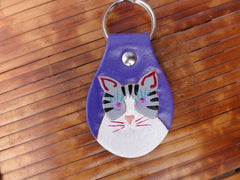 Gray Tabby Cat leather Key Fob