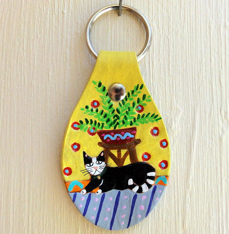 Black and White Cat leather Key Fob