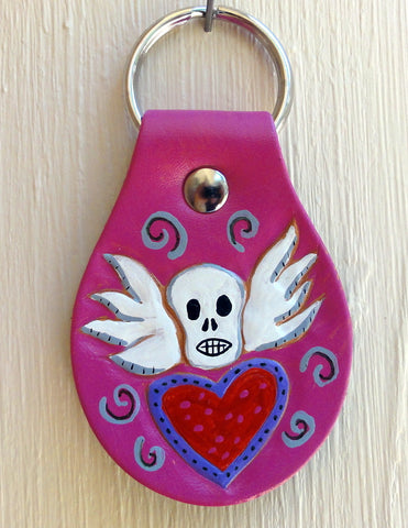 Sacred Heart with Skull leather Key Fob