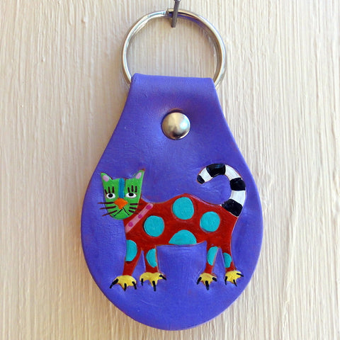 Polka dotted Cat leather Key Fob