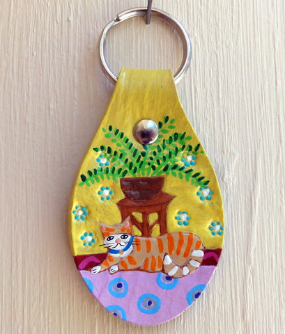 Tabby Cat leather Key Fob