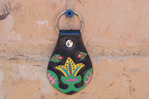 Leather Key Fob with Yellow Mola Flower Design