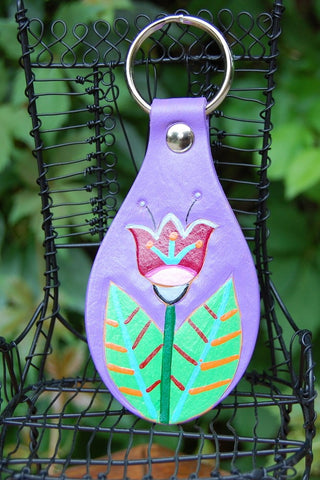 Magenta Folk Art Flower leather Key Fob