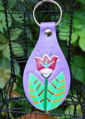 Magenta Folk Art Flower leather Key Fob