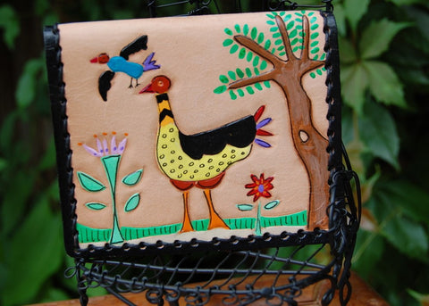 Folk Art Bird handpainted leather ID Case