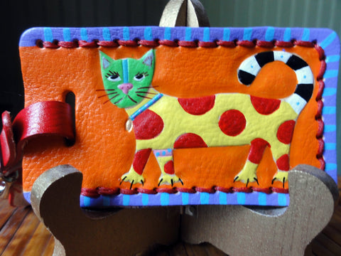 Leather Luggage Tag with Polka Dot Cat--Reserved for Louise