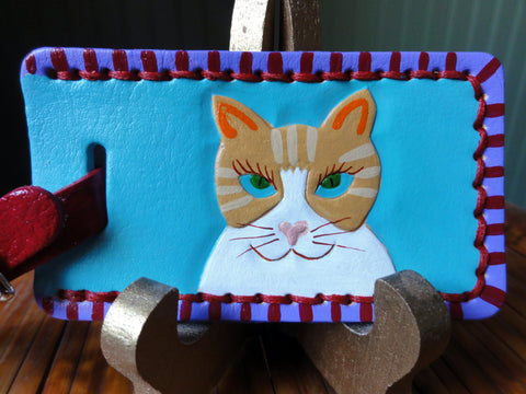 Leather Luggage Tag with Cat Head Shot