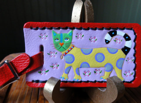 Leather Luggage Tag with Polka Dot Cat
