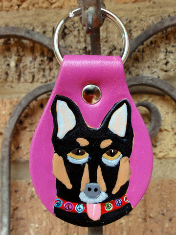 Leather Key Fob with Black and Brown Dog