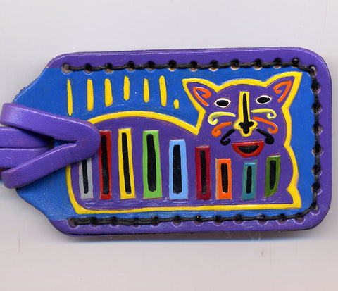 Sitting Purple Mola Cat handpainted leather luggage tag