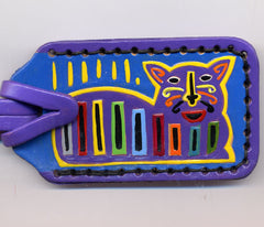 Sitting Purple Mola Cat handpainted leather luggage tag