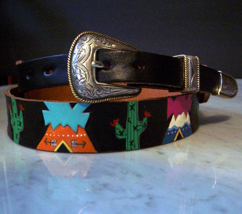 Cactus and Tepees handpainted belt